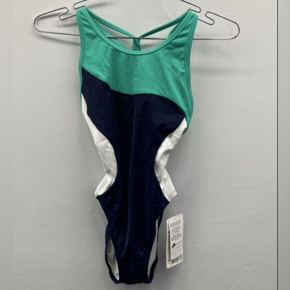Athleta Freestyle Colorblock One-Piece Swimsuit | Size XS (0) | Navy Teal White - Picture 2 of 4